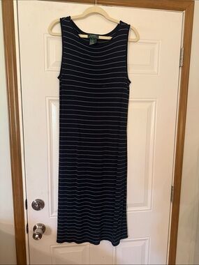 Lauren Ralph Lauren Navy and White Striped Sleeveless Midi Dress